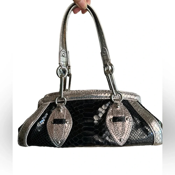 COLE HAAN Trinity Black/Gunmetal Python Print Mini Shoulder Bag - Picture 1 of 7